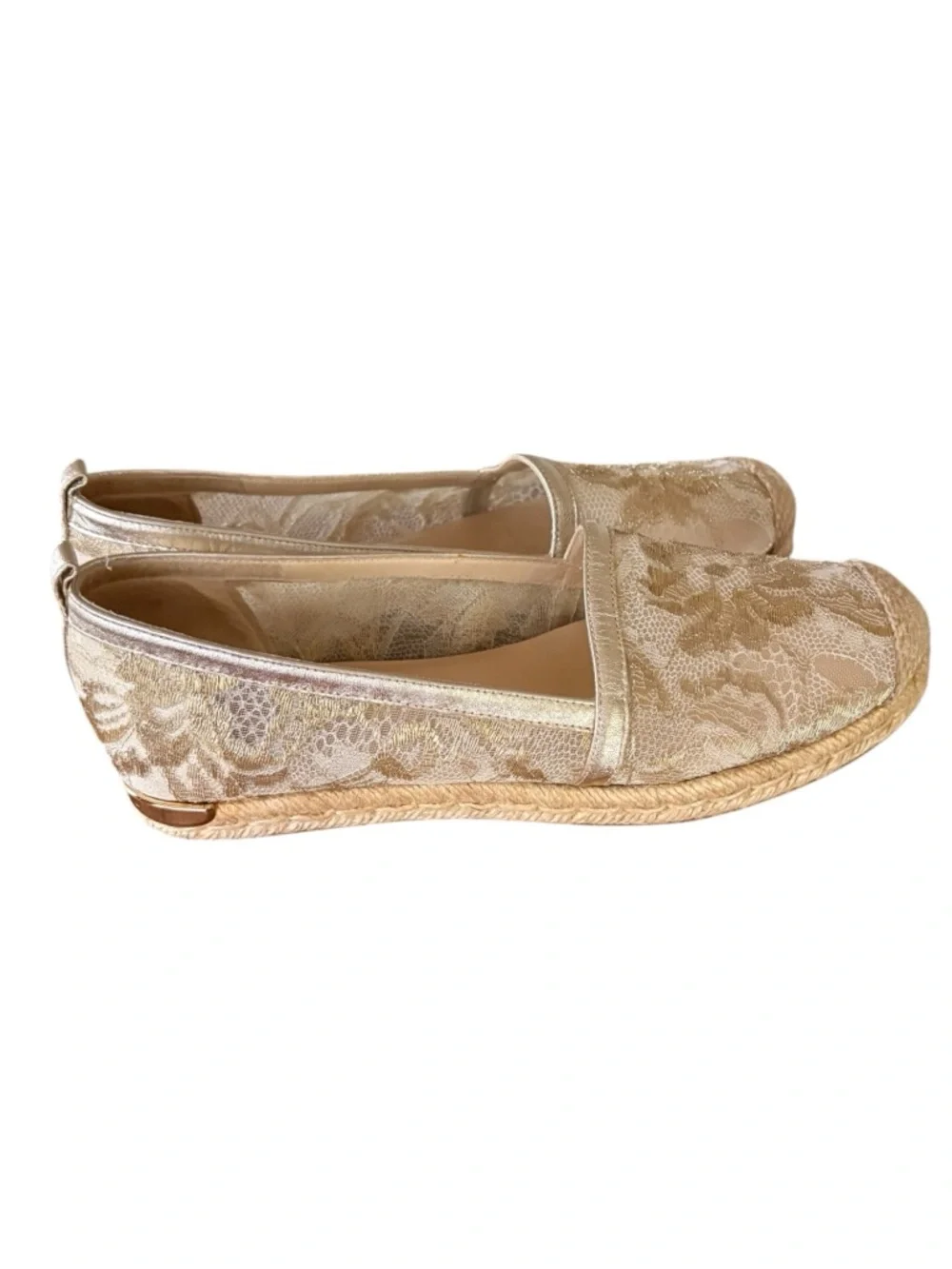 Stuart Weitzman Biarritz Espadrille Gold Lace Sheer Metallic Flats Sz 6.5